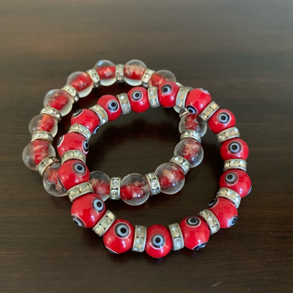 Red beaded elastic evil eye bracelets set of 2